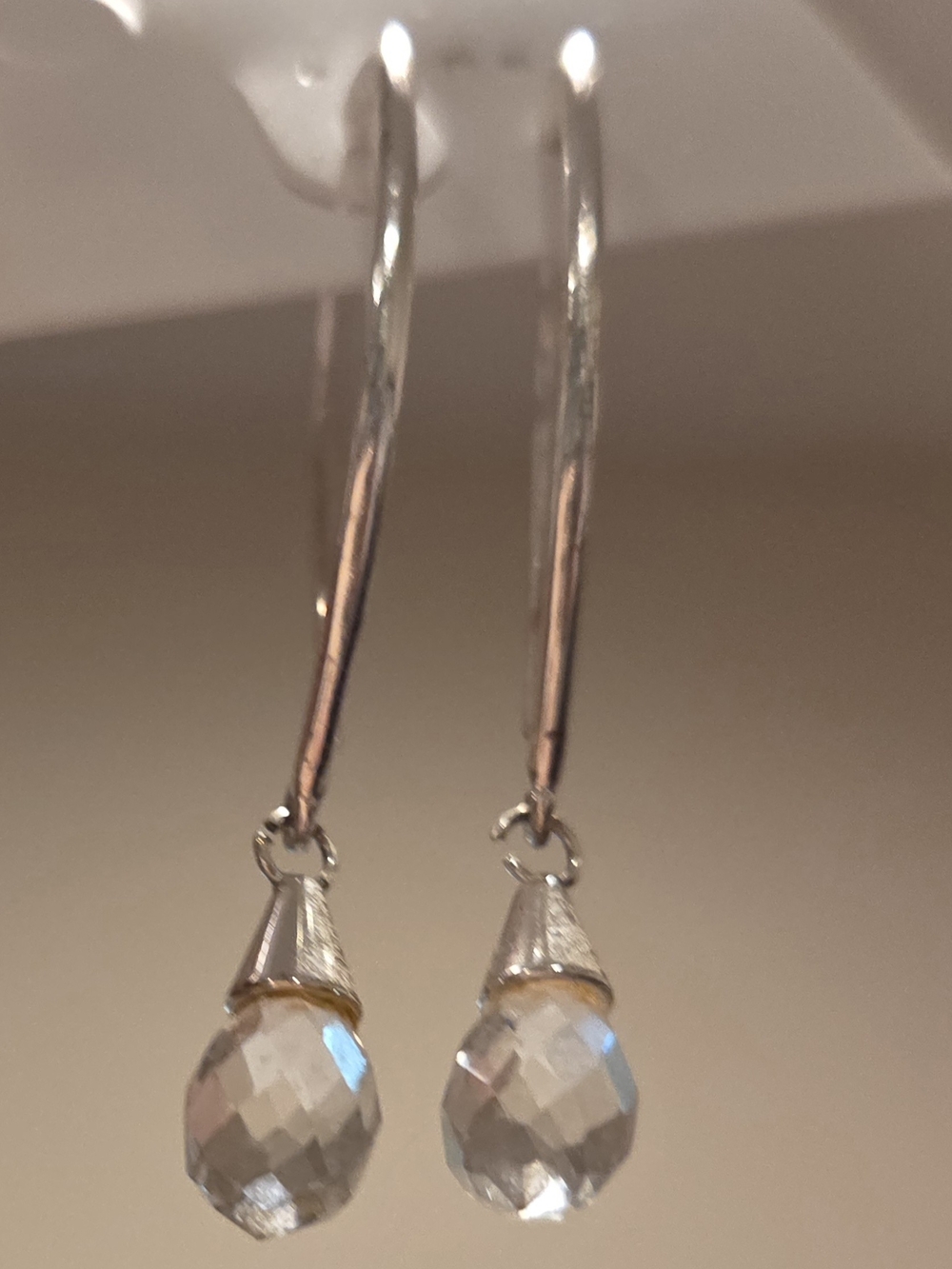 Silver Hoop Earrings with Clear Faceted Crystal Drops